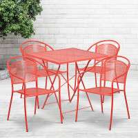 Flash Furniture CO-28SQF-03CHR4-RED-GG 28" Square Steel Folding Patio Table Set with 4 Round Back Chairs in Coral